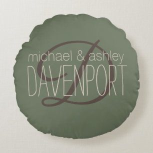 Olive Green Couple's Names Monogram Round Pillow
