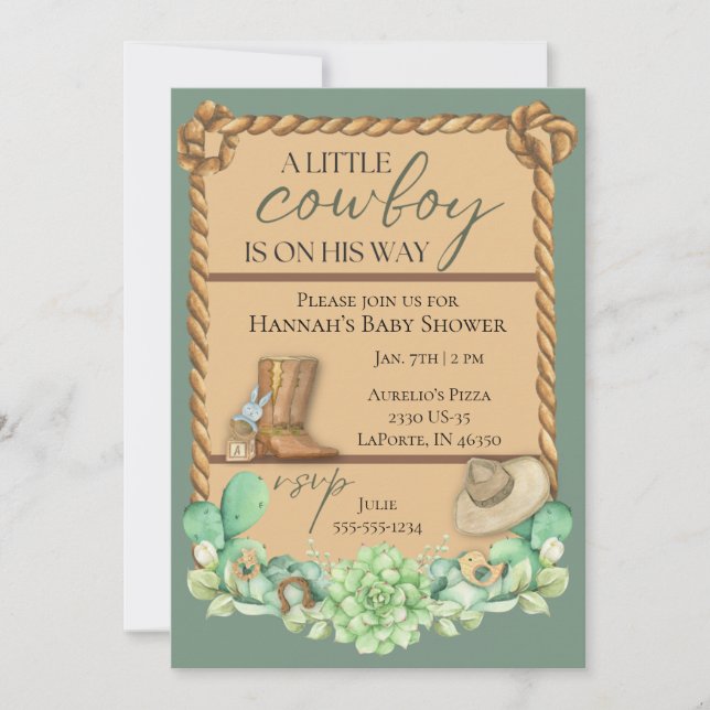 Olive Green Cowboy Western Baby shower Invitation (Devant)