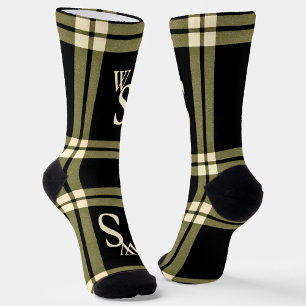 Olive green, cream, and black plaid monogram  socks