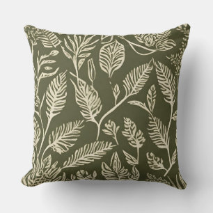 Olive Green Cream Botanical Textile Stamp Throw Pillow