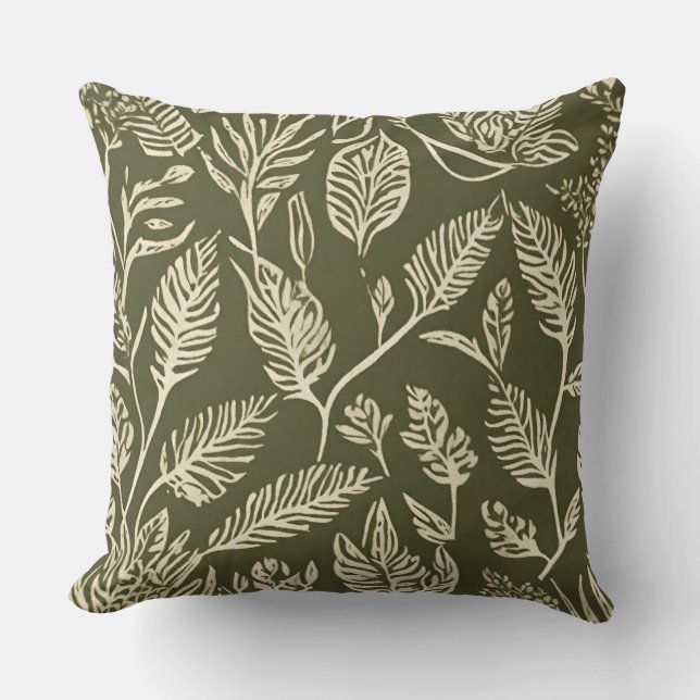 Olive Green Cream Botanical Textile Stamp Throw Pillow (Front)