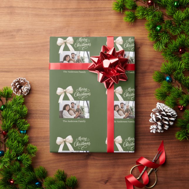 Olive green cream bow photo script Christmas Wrapping Paper (Holiday Gift)