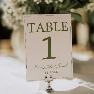 Olive Green Cream Old Money Wedding Table Number