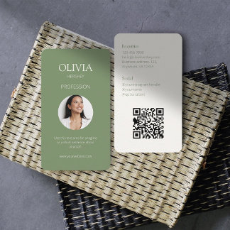 Olive Green & Creamy Ivory Photo Social QR Code Business Card