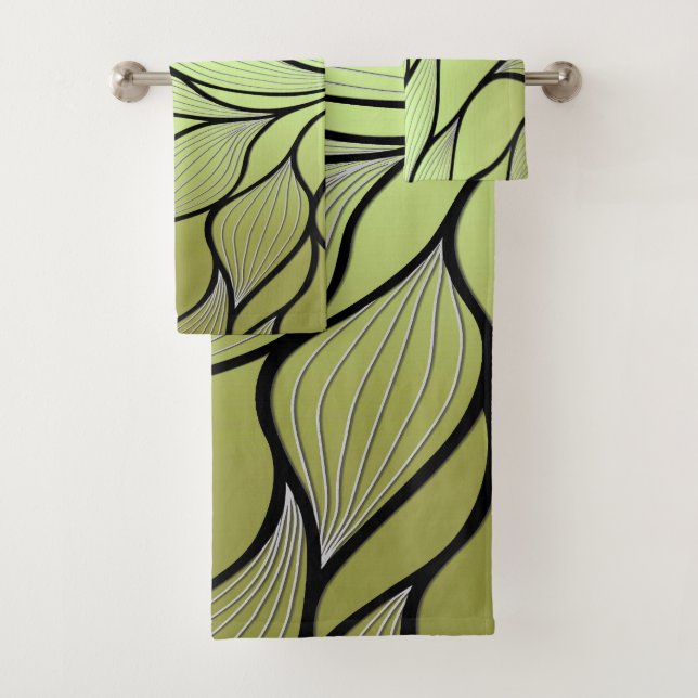 Olive Green Creative Leave Pattern  Bath Towel Set (Insitu)