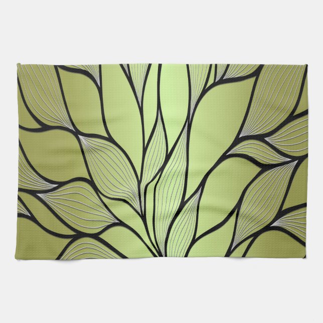 Olive Green Creative Leave Pattern  Kitchen Towel (Horizontal)