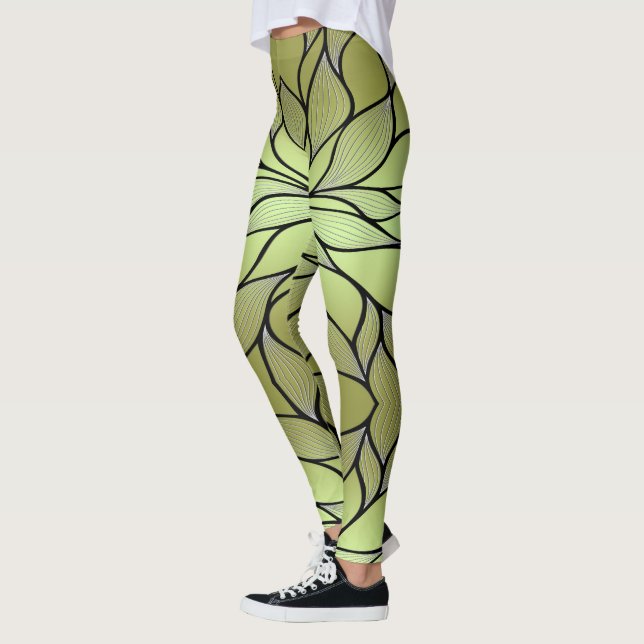Olive Green Creative Leave Pattern  Leggings (Left)