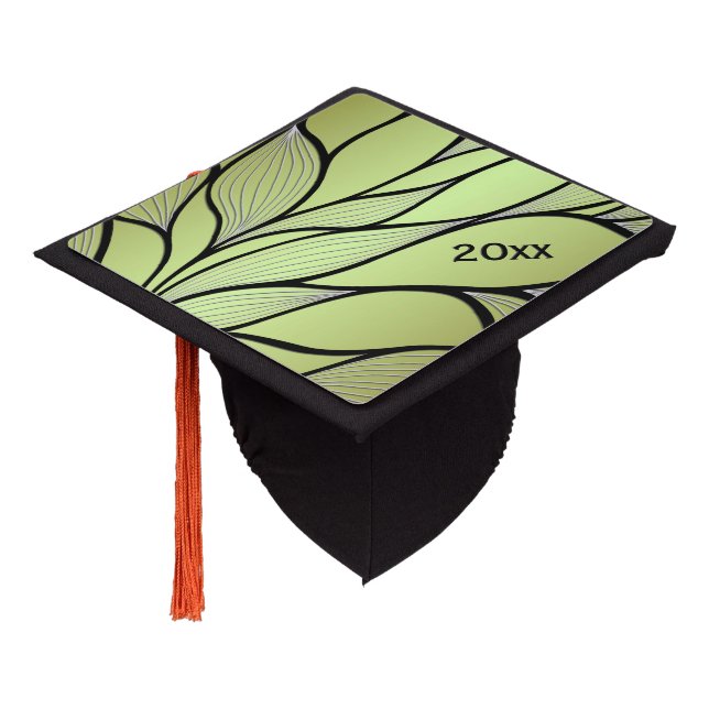 Olive Green Creative Leave Pattern Year Graduation Cap Topper (Angled)