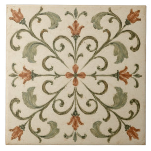 Olive Green Curling Vine Tuscan Floral Tile