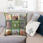 Olive green custom photo collage birthday throw pillow<br><div class="desc">A unique gift for a 21st birthday,  celebrating her life with a collage of 8 of your own photos,  pictures.  Personalize and add her name,  age and date. Olive green background colour,  white text.   The name is written with a modern hand lettered style script.</div>