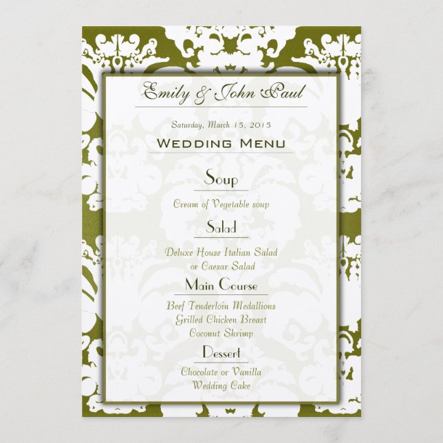 Olive Green Damask Wedding Menu (Back)