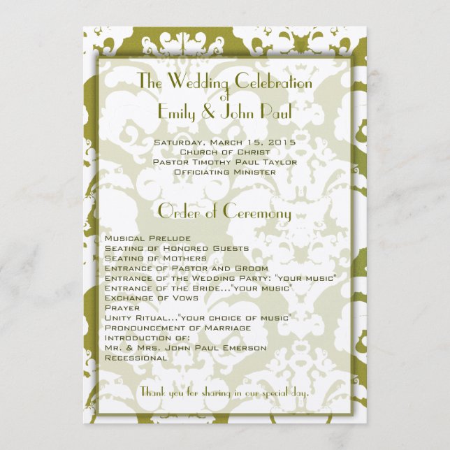 Olive Green Damask Wedding Program (Front)