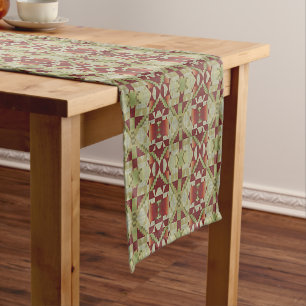Olive Green Dark Red Orange Ochre Brown Tribal Art Short Table Runner