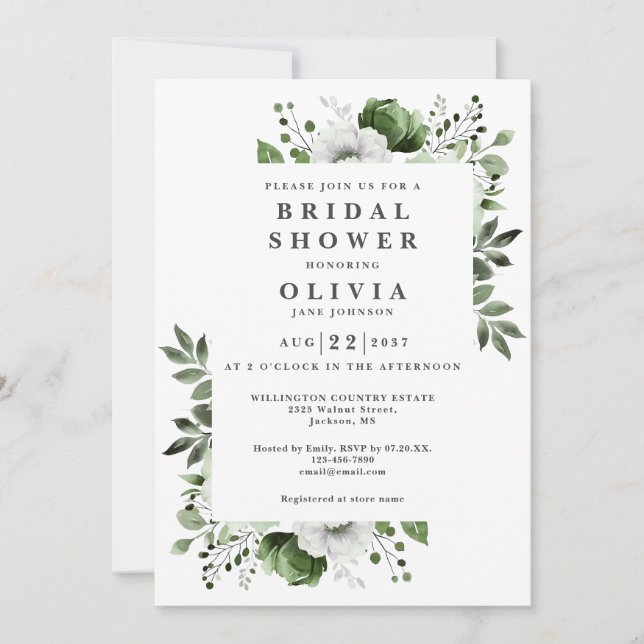 Olive Green Elegant Floral Bridal Shower QR Code Invitation (Front)