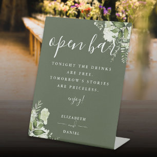 Olive Green Elegant Greenery Floral Open Bar Pedestal Sign