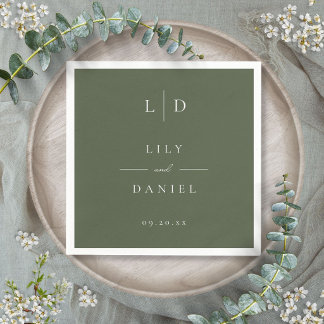 Olive Green Elegant Minimalist Monogram Wedding Napkin
