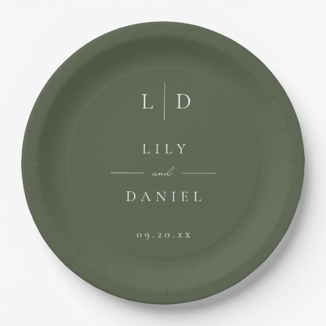 Olive Green Elegant Minimalist Monogram Wedding Paper Plate (Front)