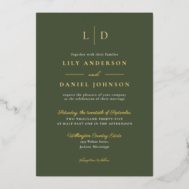 Olive Green Elegant Monogram QR Code Wedding Gold (Front)
