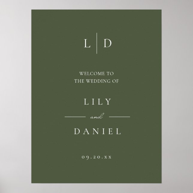 Olive Green Élégant Monogramme Mariage Affiche de  (Devant)