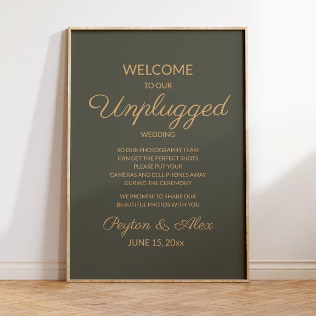 Olive Green Elegant Script Unplugged Wedding Sign (Dark olive/sage green "Unplugged" wedding poster for your fall/autumn/winter wedding)