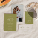 Olive Green Fall Pumpkin Sunflower Wedding Photo Invitation<br><div class="desc">Perfect for September and October weddings, this olive green pumpkin sunflower photo wedding invitation combines minimalist botanical line art with a soft quiet luxury autumn aesthetic. The earthy olive palette, elegant harvest illustration, and personalized couple photo create a warm modern boho feel, perfect for barn weddings, countryside celebrations, and romantic...</div>