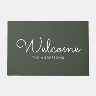 Olive Green Fancy Script "Welcome" Personalized Doormat