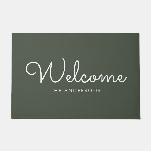 Olive Green Fancy Script "Welcome" Personalized Doormat (Front)
