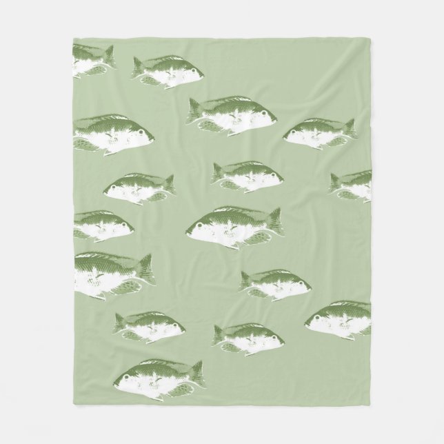 Olive green fish fleece blanket (Front)