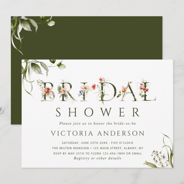 Olive Green Floral Botanical Letter Bridal Shower  Invitation (Front/Back)