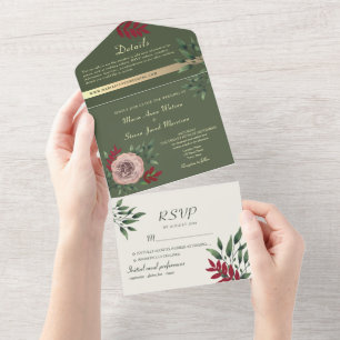 Olive Green Floral Botanical Wedding  All In One Invitation