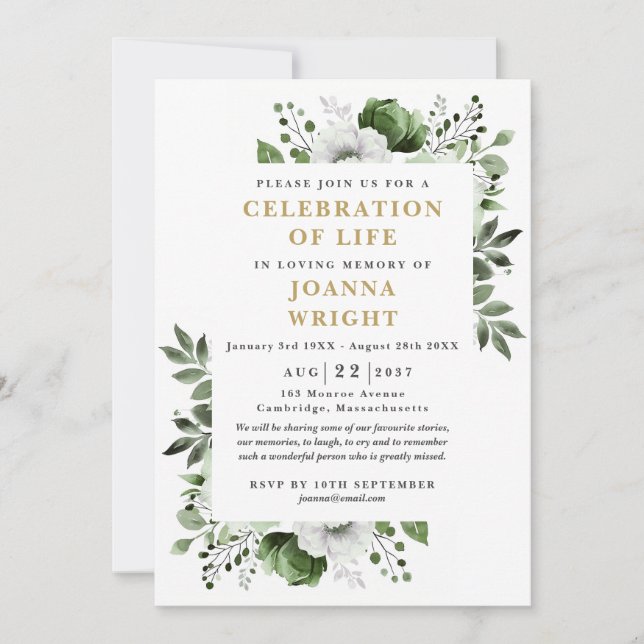 Olive Green Floral Celebration Of Life Funeral Invitation (Front)