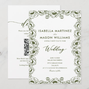 olive green floral chinoiserie classic wedding  invitation