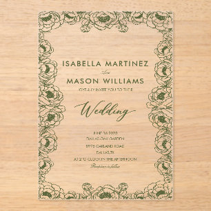 olive green floral chinoiserie formal wedding  acrylic invitations