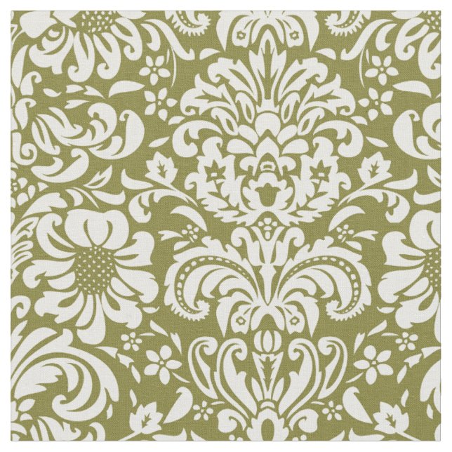 Olive Green Floral Damask Fabric (Close Up)