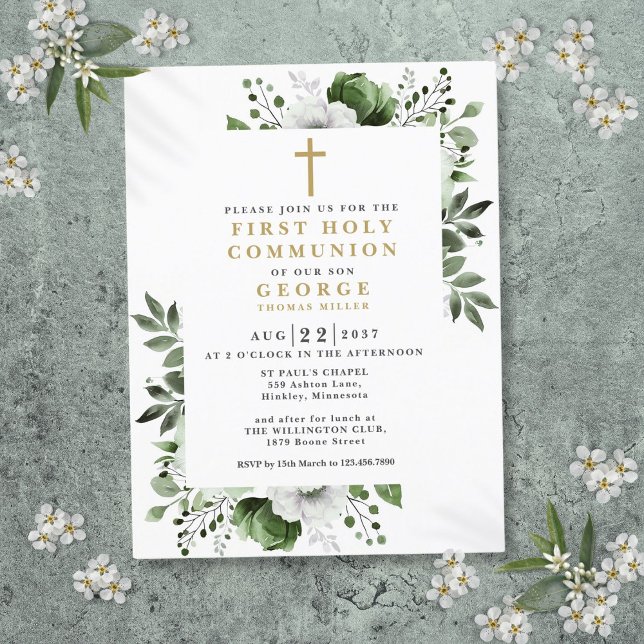 Olive Green Floral First Holy Communion Invitation Postcard (Olive Green Floral First Holy Communion Invitation Postcard)
