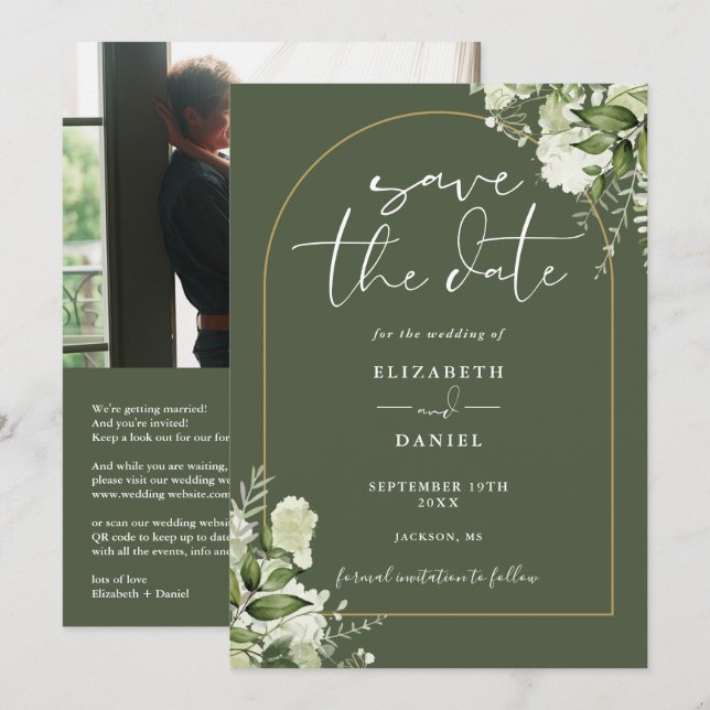 Olive Green Floral Gold Arch Photo QR Code Wedding Save The Date (Front/Back)