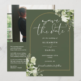 Olive Green Floral Gold Arch Photo QR Code Wedding Save The Date