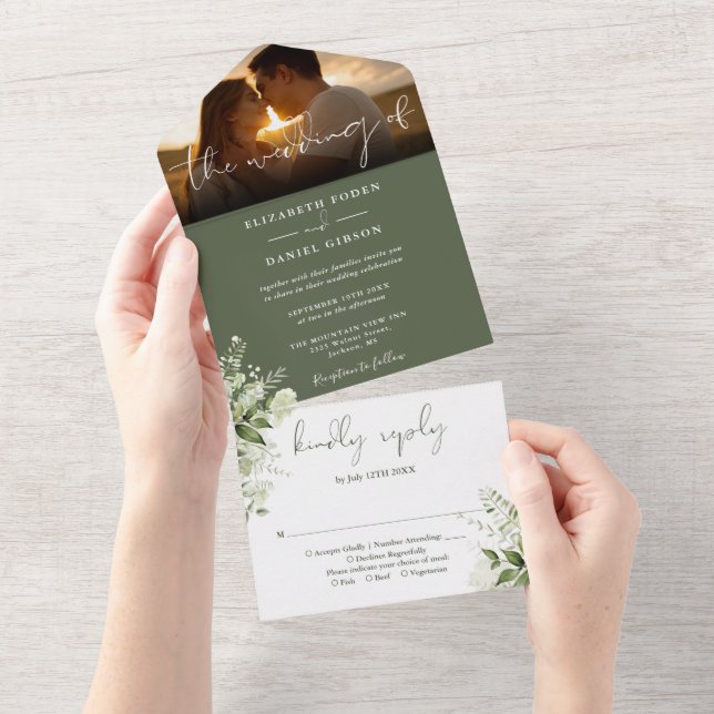 Olive Green Floral Greenery Wedding Photo All In One Invitation (Tearaway)