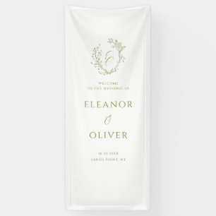 Olive Green Floral Line Art Crest Wedding Welcome Banner