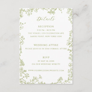 Olive Green Floral Line Art Wedding Details Enclosure Card