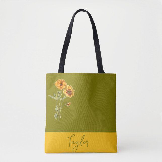 Olive Green Floral Minimal Trendy Stylish Tote Bag