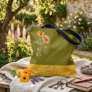 Olive Green Floral Minimal Trendy Stylish Tote Bag