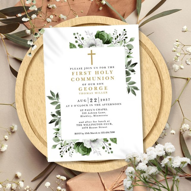 Olive Green Floral Modern First Holy Communion Invitation (Olive Green Floral Modern First Holy Communion Invitation)