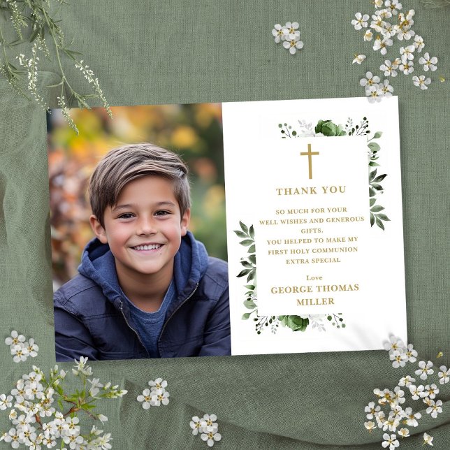 Olive Green Floral Photo First Holy Communion Thank You Card (Olive Green Floral Photo First Holy Communion Thank You Card)