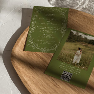 Olive Green Floral QR Code Photo Old Money Wedding Invitation