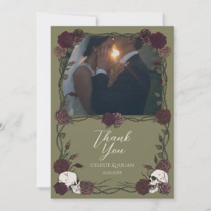 Olive Green Floral Skull Photo Thank You Card
