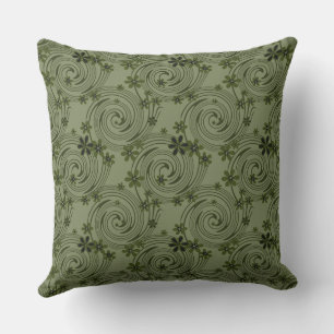 olive green flowers and spirals abstract pattern outdoor pillow