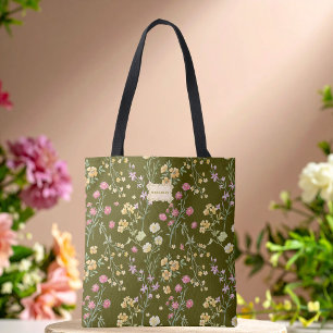 Olive Green Flowers Garden Trendy Unique Tote Bag