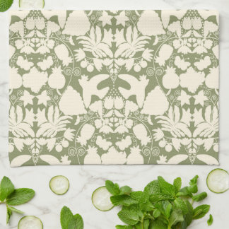 Olive Green Folk Art Otomi Symmetrical Pattern Kitchen Towel