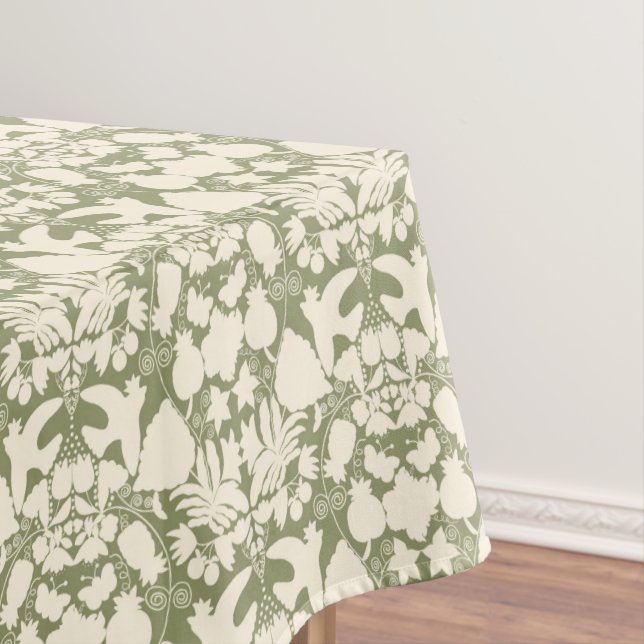 Olive Green Folk Art Otomi Symmetrical Pattern Tablecloth (In Situ)
